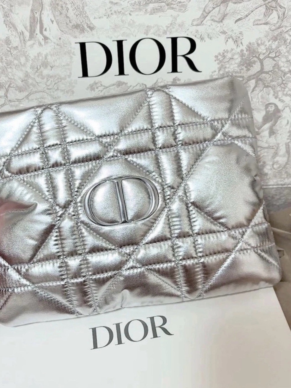 New in box Dior Silver Quilted Zip Makeup Bag Zipper Pouch with CD Logo